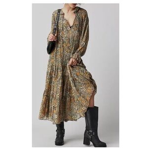 Free People Floral Long Sleeve Dress - Black and Yellow